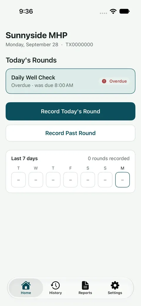 Water System Logbook home screen with today’s daily well check round