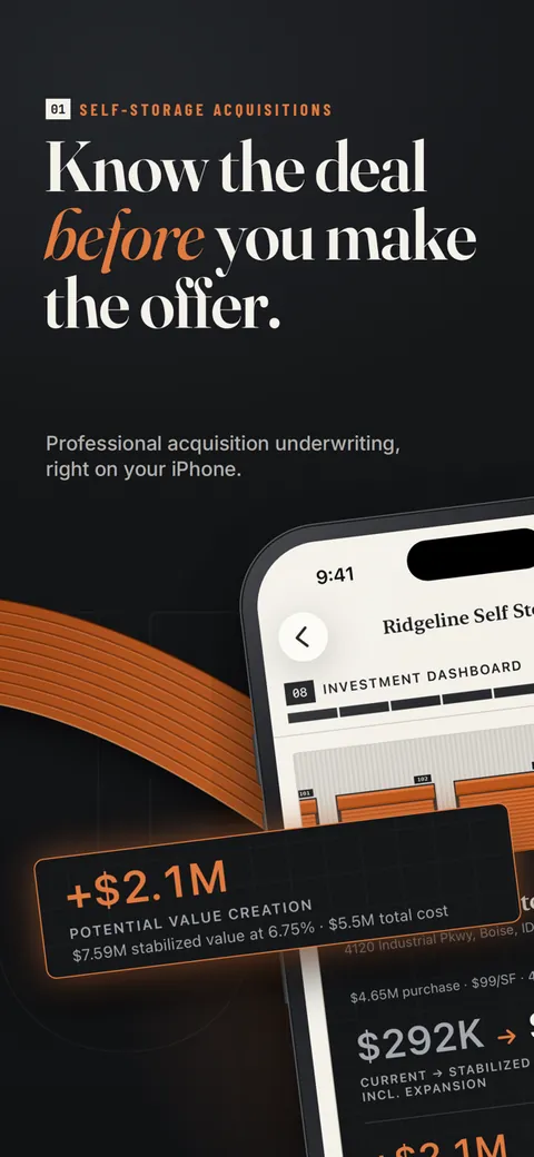 Self Storage Calculator app: investment dashboard showing potential value creation