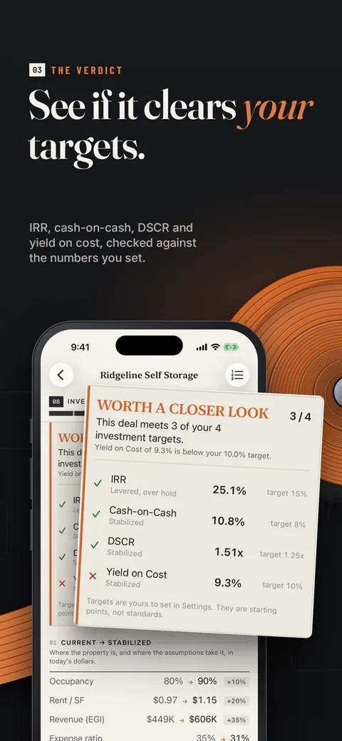 Self Storage Calculator app: deal verdict checked against your investment targets